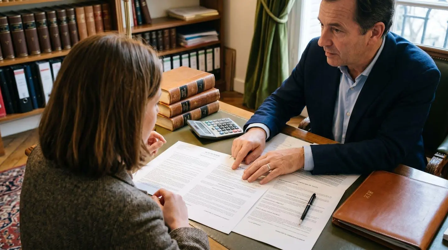 French notaire reviewing official property purchase documents including compromis de vente with client at professional office desk, showing detailed legal paperwork and transaction process with calculator and reference materials