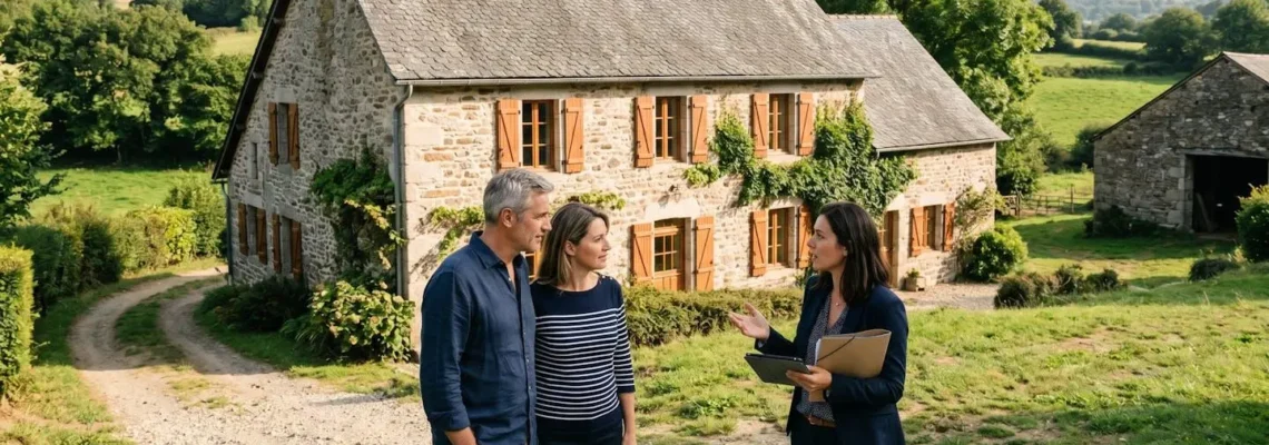 International couple consulting with French estate agent in front of traditional grey stone Limousin farmhouse in rural Haute-Vienne countryside, examining property documents during site visit