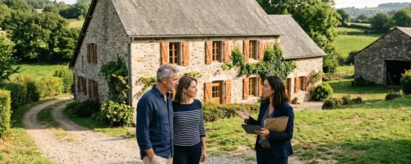 International couple consulting with French estate agent in front of traditional grey stone Limousin farmhouse in rural Haute-Vienne countryside, examining property documents during site visit