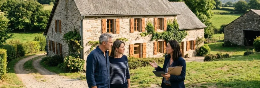 International couple consulting with French estate agent in front of traditional grey stone Limousin farmhouse in rural Haute-Vienne countryside, examining property documents during site visit