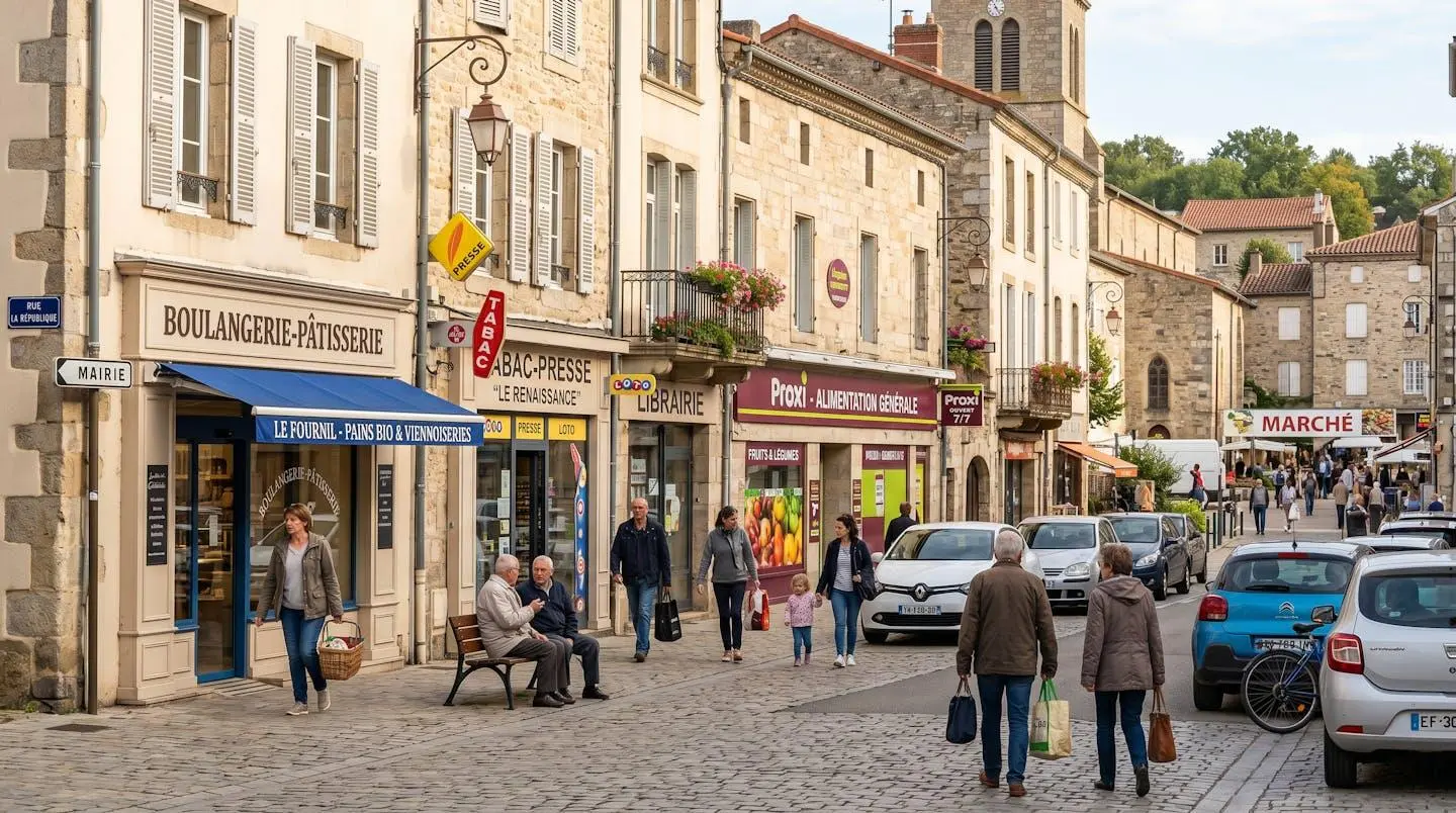 Main street of French market town in Haute-Vienne showing traditional stone buildings with active local businesses including boulangerie and commerce, residents shopping and walking along street with parked cars, demonstrating viable community infrastructure and economic activity