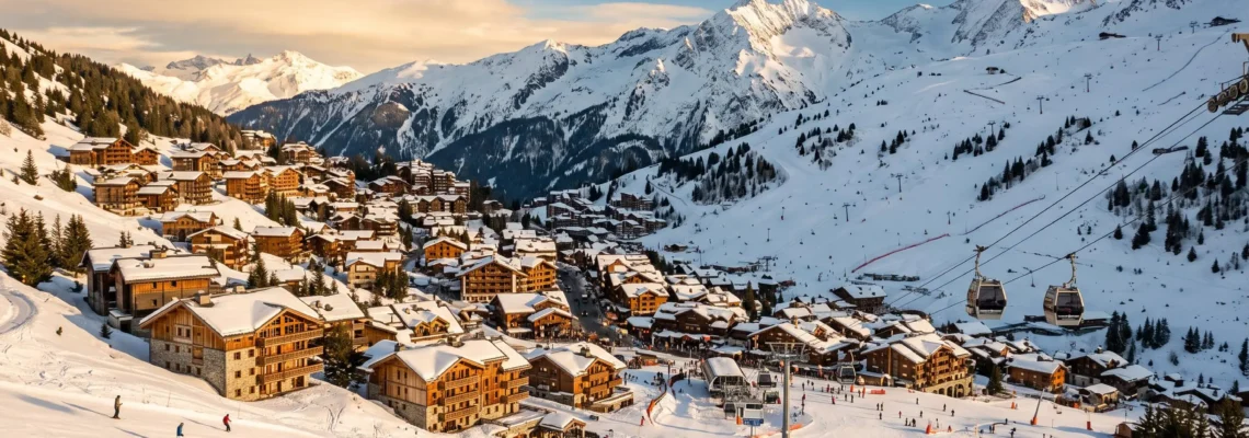 Wide panoramic photograph of Courchevel 1850 Alpine ski resort village on mountainside during golden hour, showing traditional chalets, luxury residences, ski lifts ascending to peaks, and groomed pistes with warm afternoon sunlight illuminating French Alpine architecture