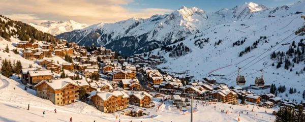 Wide panoramic photograph of Courchevel 1850 Alpine ski resort village on mountainside during golden hour, showing traditional chalets, luxury residences, ski lifts ascending to peaks, and groomed pistes with warm afternoon sunlight illuminating French Alpine architecture
