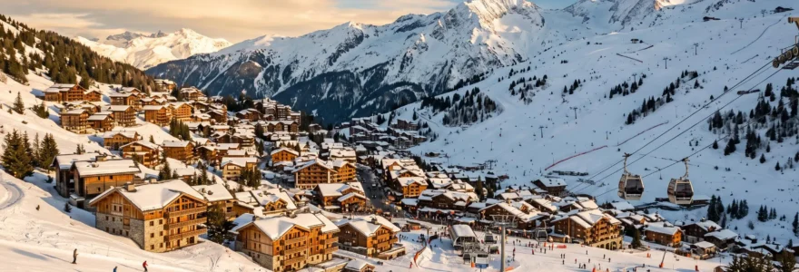Wide panoramic photograph of Courchevel 1850 Alpine ski resort village on mountainside during golden hour, showing traditional chalets, luxury residences, ski lifts ascending to peaks, and groomed pistes with warm afternoon sunlight illuminating French Alpine architecture