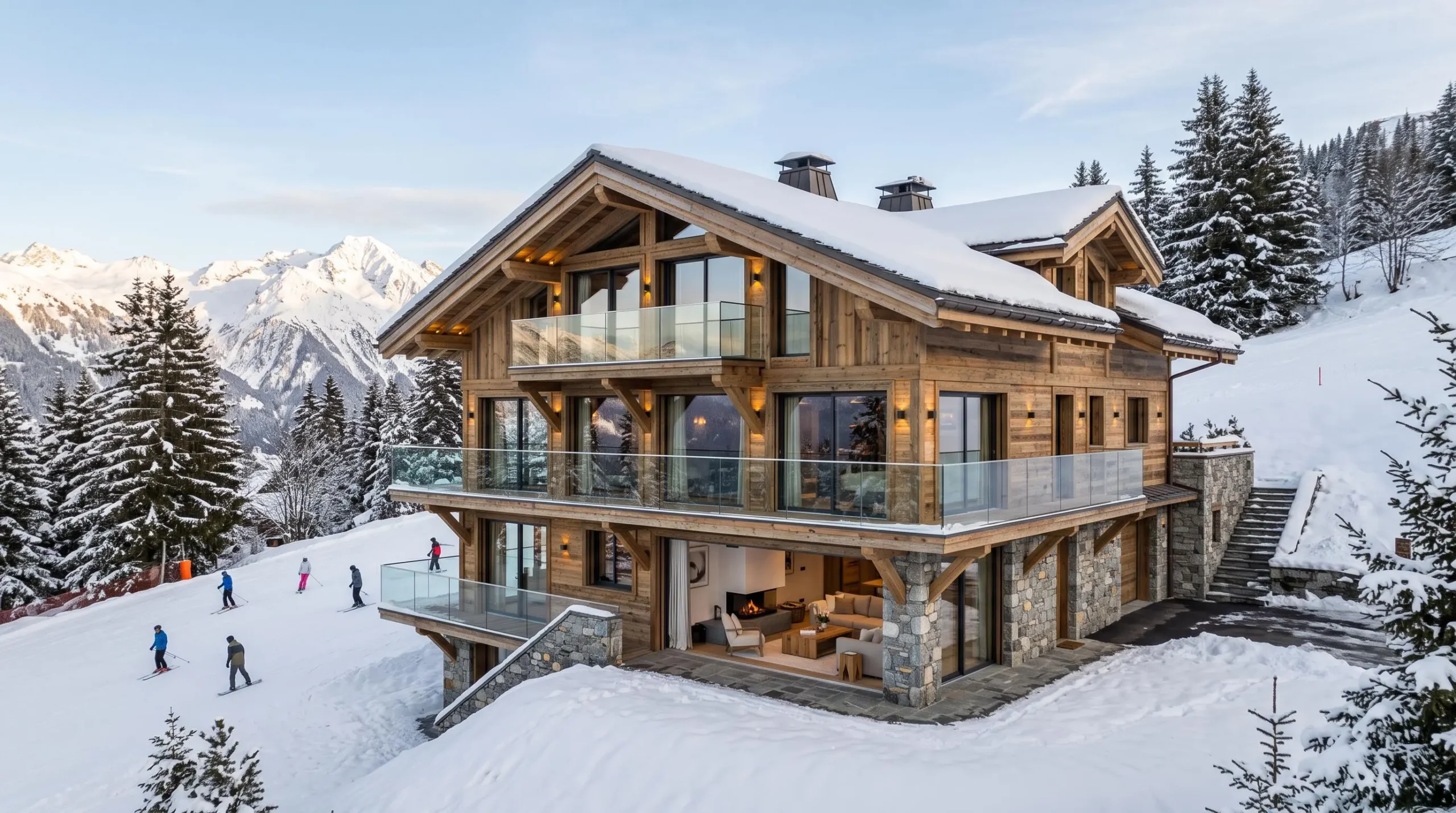 Luxury contemporary Alpine chalet exterior in Courchevel 1850 with floor-to-ceiling windows, natural wood cladding, and stone foundation, positioned slope-side with ski piste visible nearby demonstrating ski-in/ski-out access, photographed in late afternoon winter light