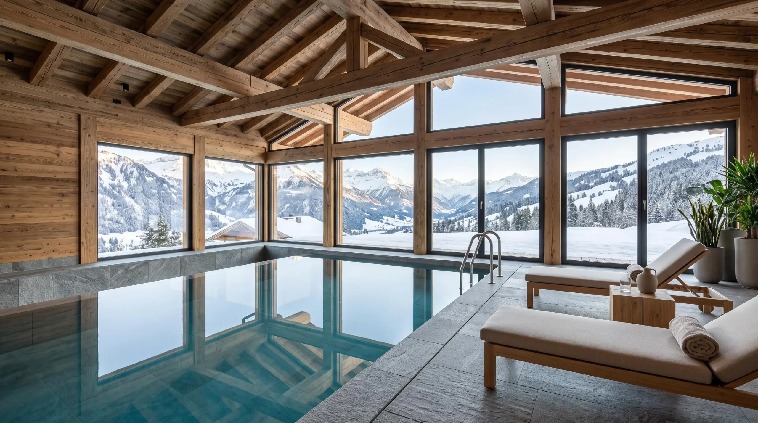Indoor heated pool in luxury Gstaad chalet interior with exposed timber beams and floor-to-ceiling windows revealing Alpine mountain views