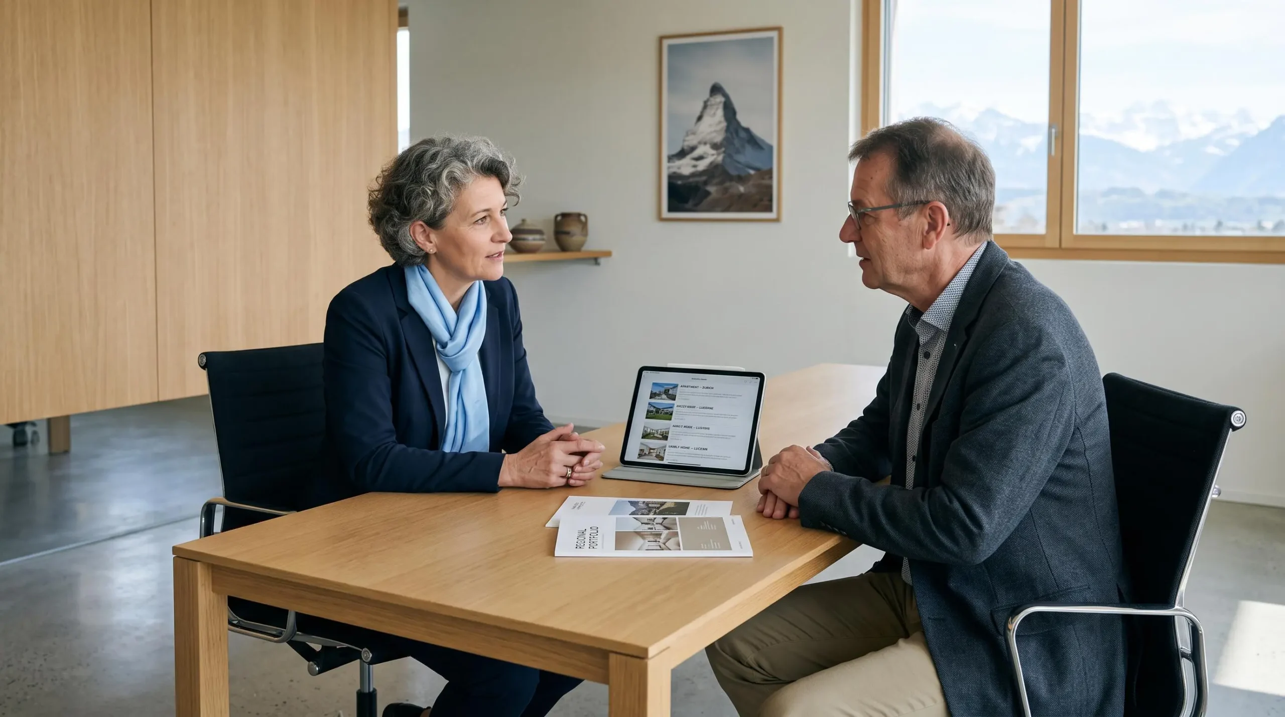 Property specialist consulting with client at contemporary desk, reviewing luxury chalet listings on tablet in professional Swiss office setting