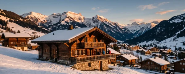 Traditional wooden chalets with carved balconies positioned on snowy Alpine slopes above Gstaad village, with mountain peaks visible under winter afternoon light