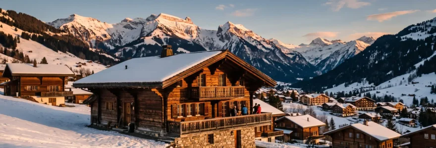 Traditional wooden chalets with carved balconies positioned on snowy Alpine slopes above Gstaad village, with mountain peaks visible under winter afternoon light